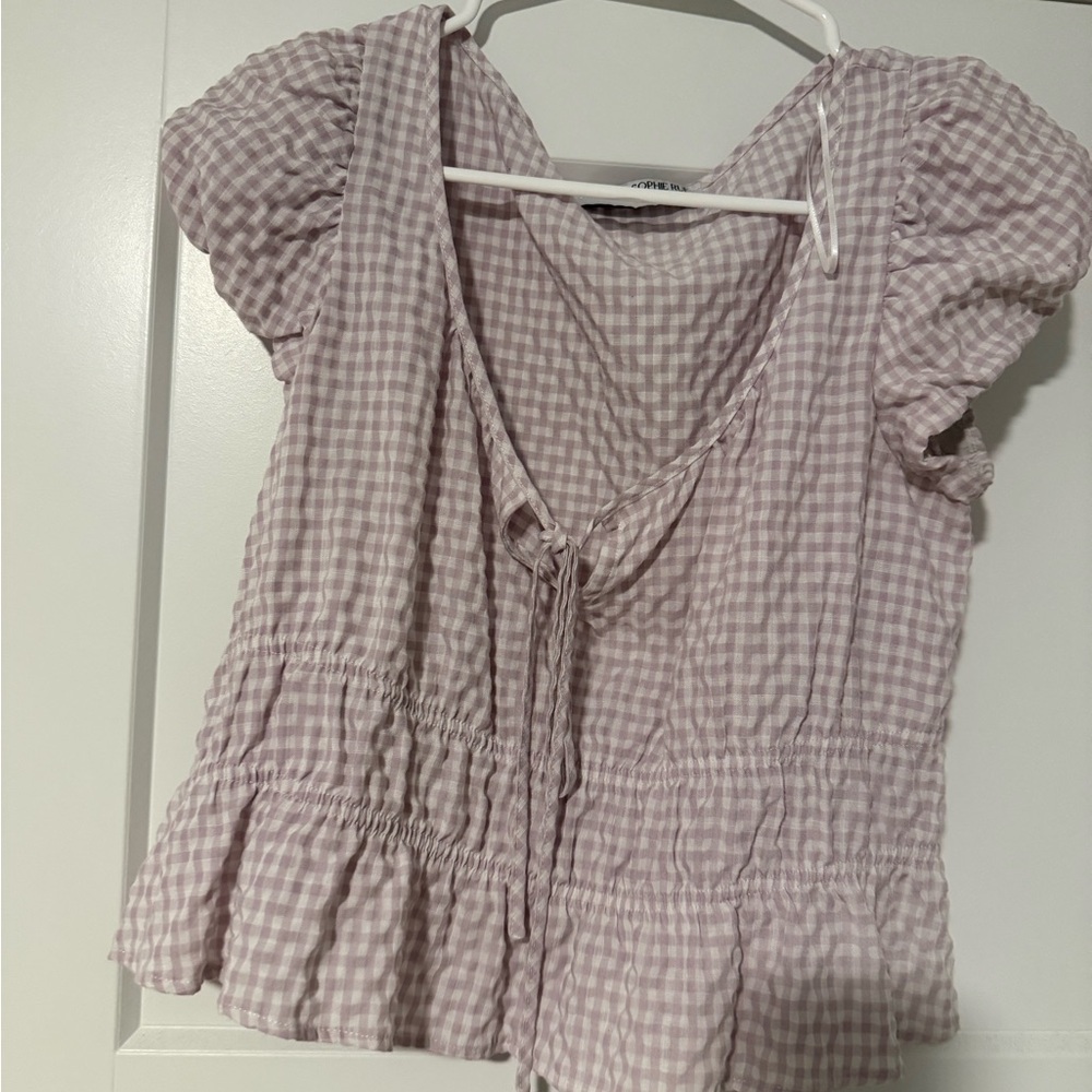 Sophie Rue Lavender Gingham Tie-Front Peplum Top